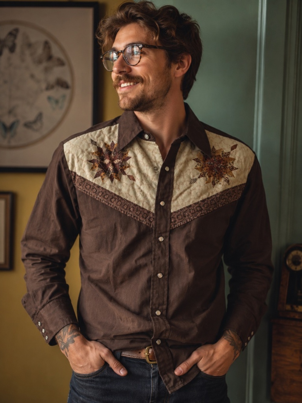 Rocking K Ranchwear Vintage Western Pearl Snap Shirt Starburst Yoke Hipster